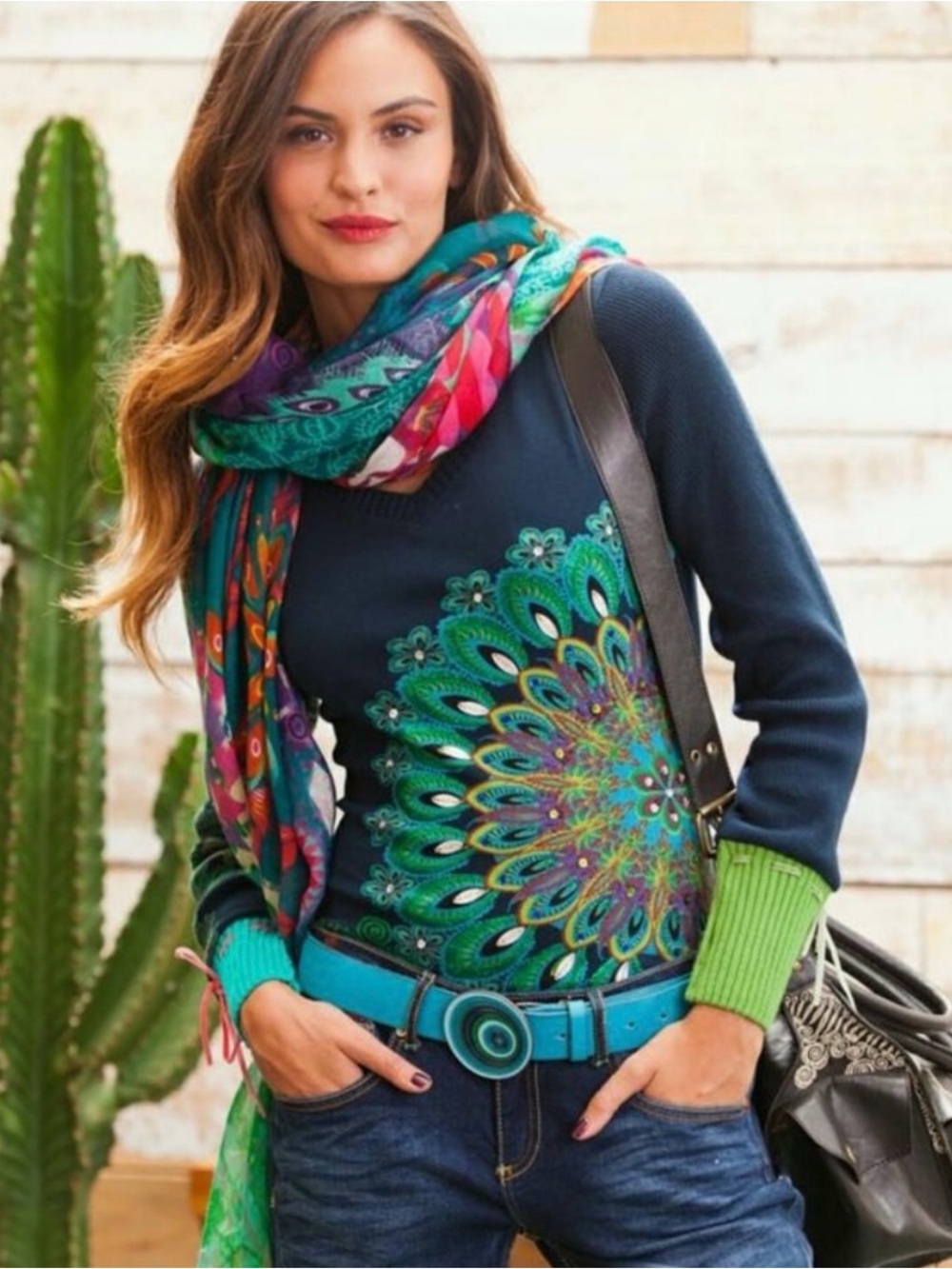 Desigual Peacock Sweater Women M Medium Cotton Embellished Rhinestones V Neck
